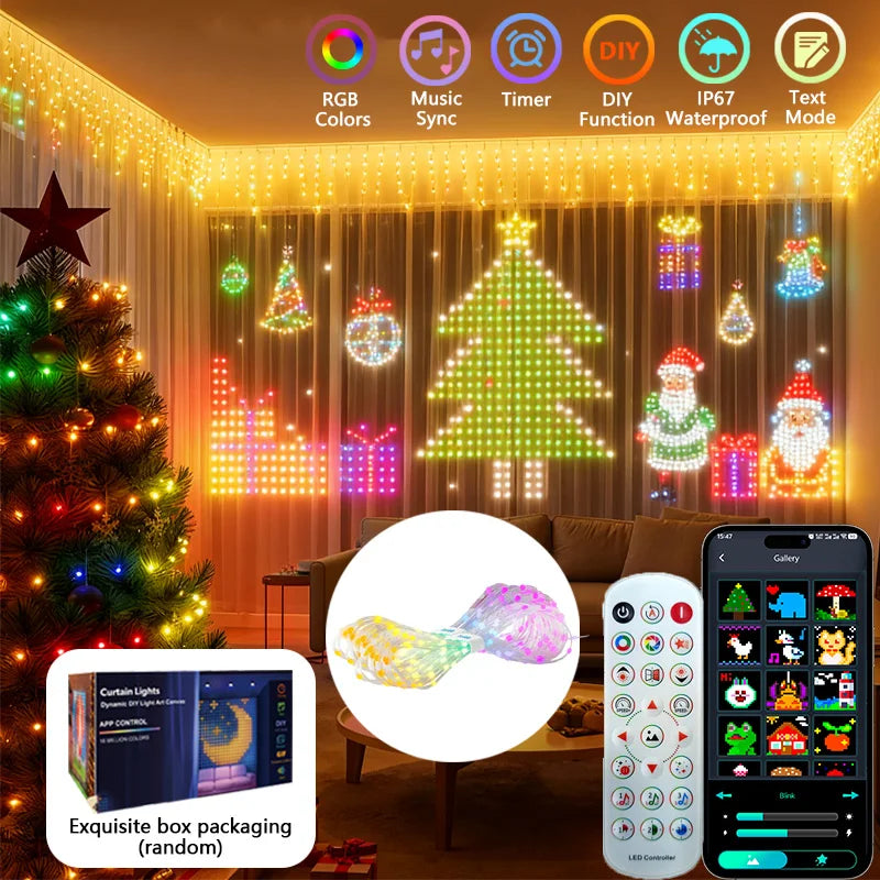 LED RGBIC smart curtain string lights with USB power, app and remote control, and waterproof design.