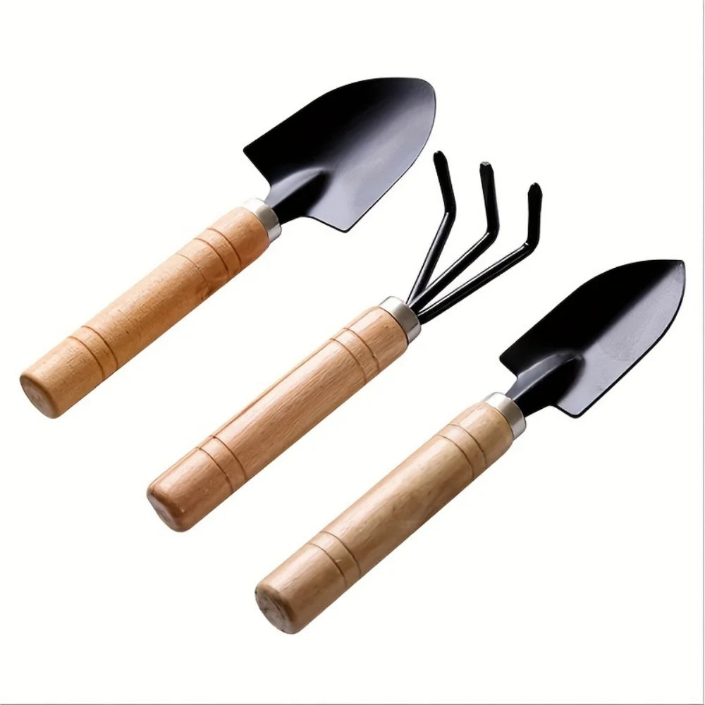 3-Piece Mini Garden Tool Set – Wooden Handle Trowel, Wide Shovel & 3-Tine Rake for Potting, Succulents & Balcony Plants