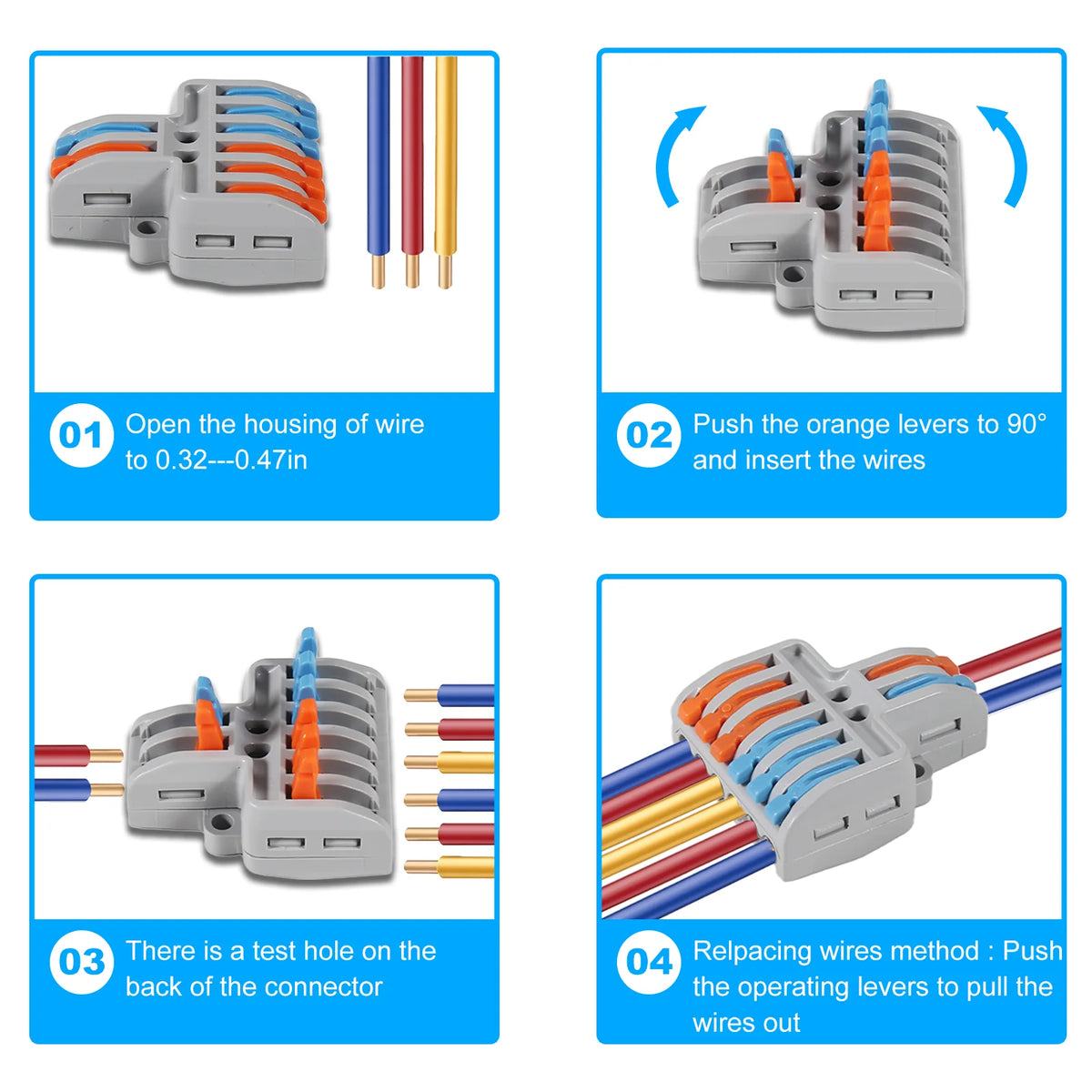 Step-by-step guide for using the lever wire connectors with color-coded wires