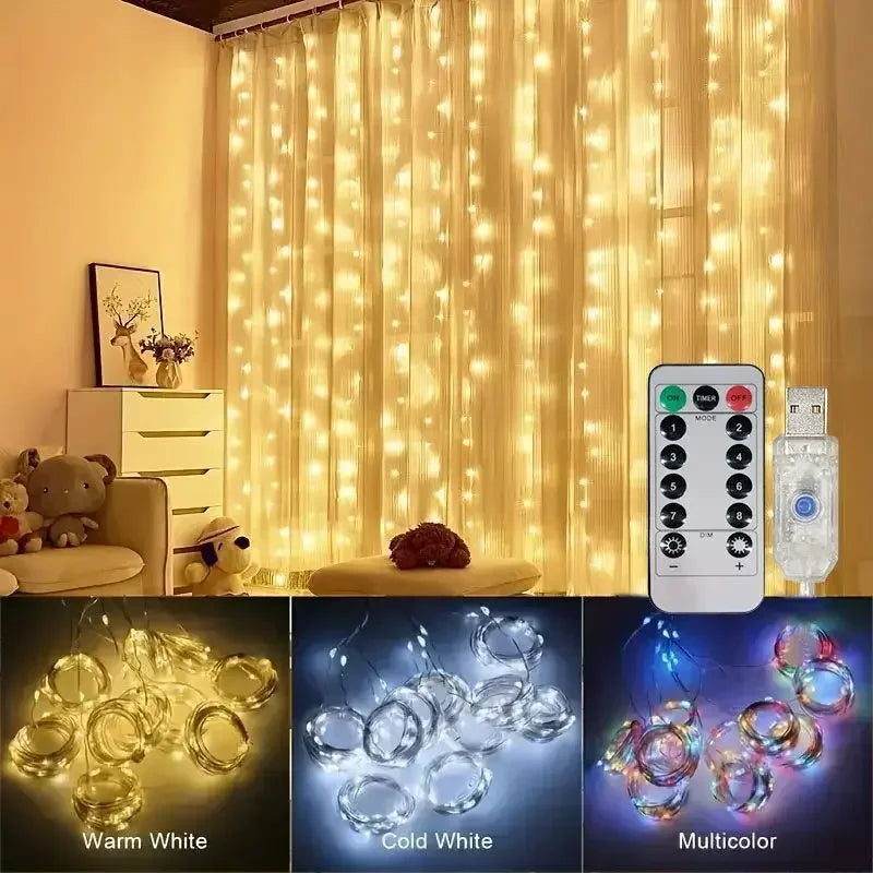 LED Fairy Curtain String Lights 3/4/6M (9.8/13.1/19.7 ft) USB Remote 8-Mode Multicolor Warm White Holiday Decor