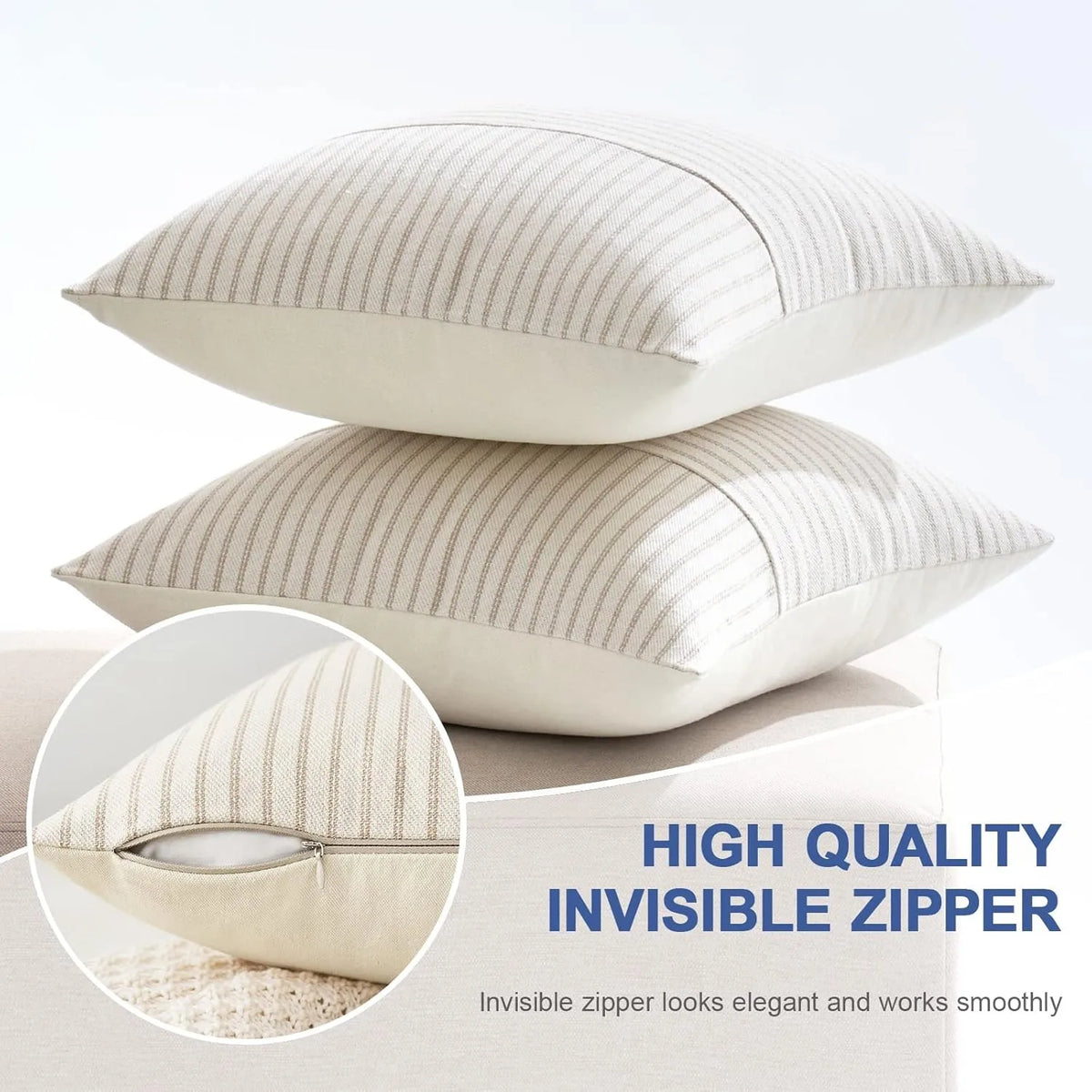 Khaki Patchwork Striped Linen Throw Pillow Cover 18 x 18 in (45 x 45 cm) Decorative Accent Cushion Case for Sofa Couch Bedroom