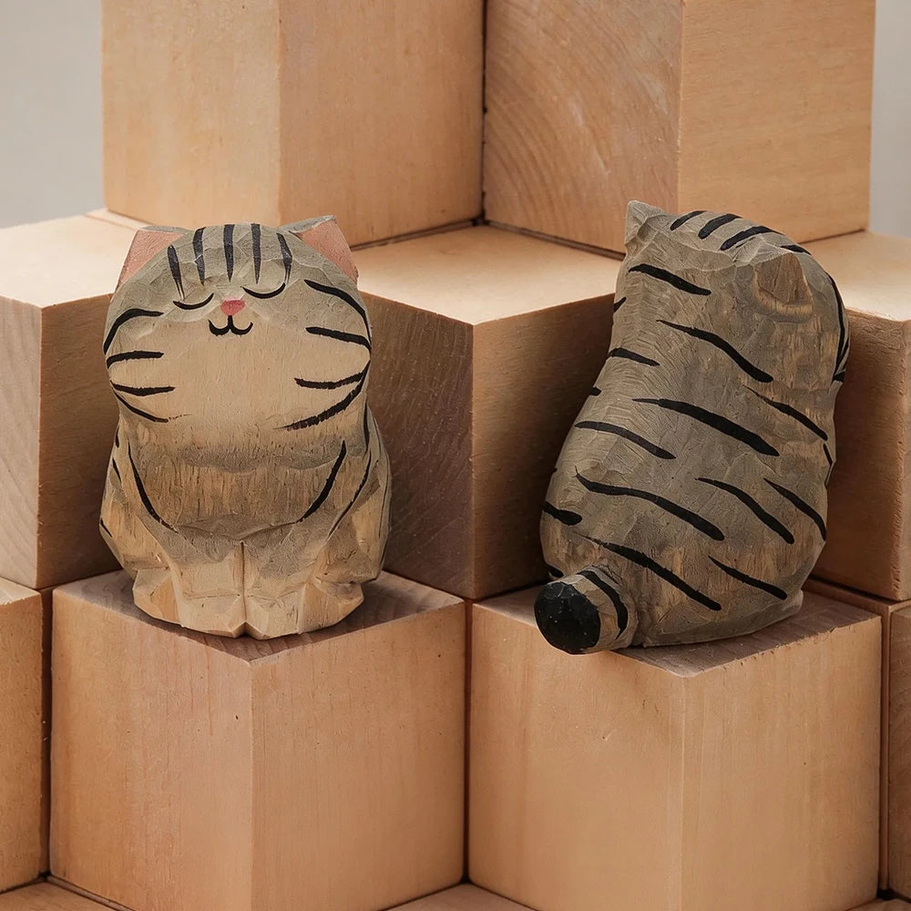 Set of 13 Hand-Carved Wooden Cat Figurines – Basswood Kitty Statues for Desk, Shelf, Car & Home Decor