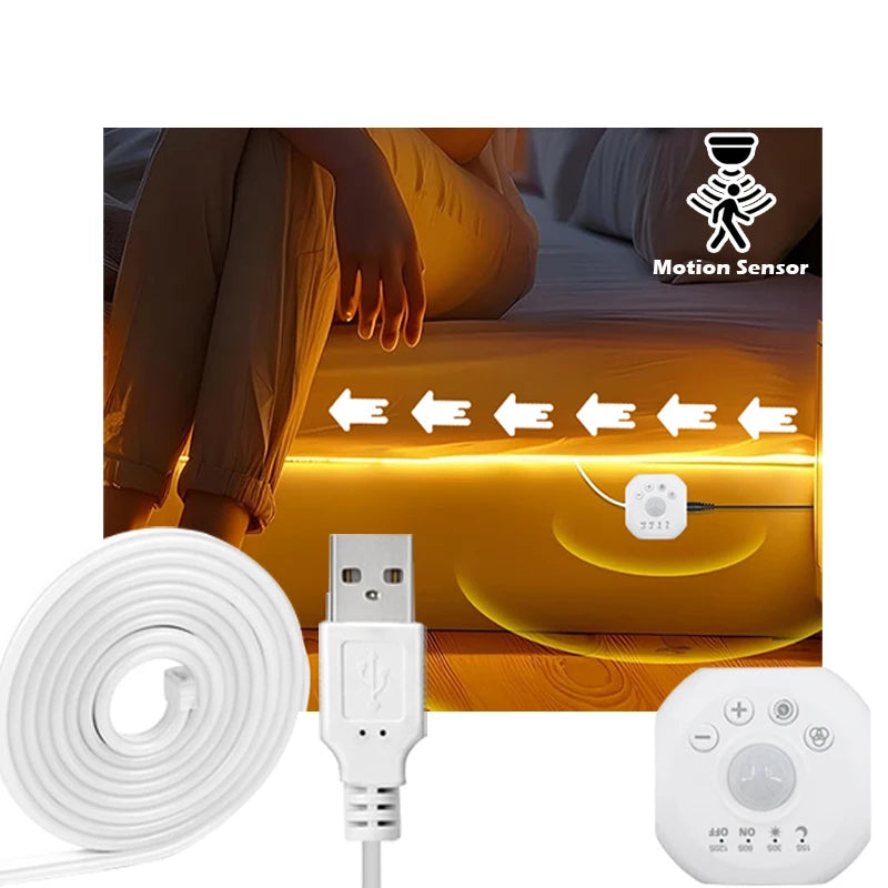 USB 5V Motion Sensor LED Strip Light – Chase Effect, 1–5 m (3.3–16.4 ft) Motion-Activated Under-Cabinet, Stair & Under-Bed Lighting