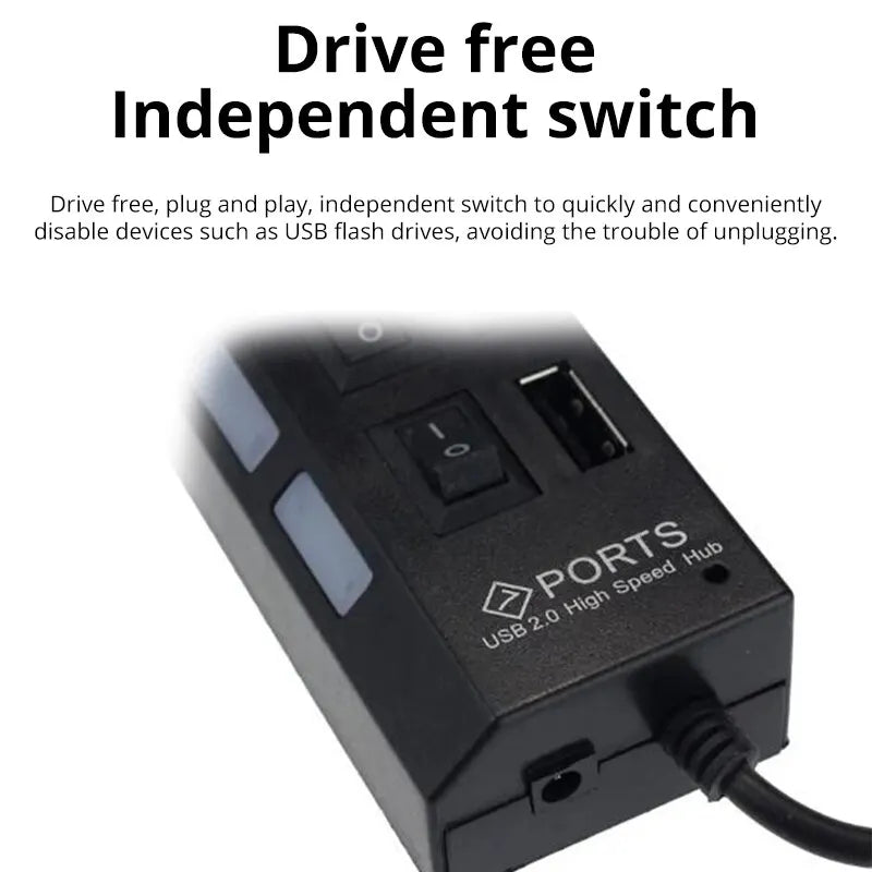 7-Port USB 2.0 Hub with Individual Switches & LED Indicators – USB Extension for PC Laptop Desktop