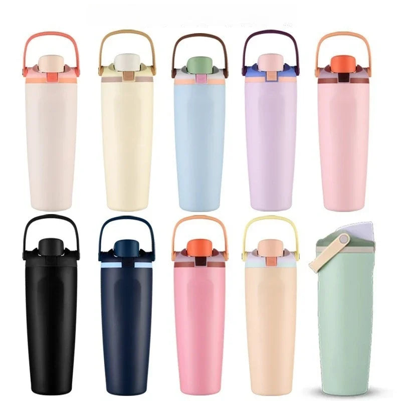 30oz (900ml) Macaron Color Insulated Water Bottle - 304 Stainless Steel Vacuum Flask with Handle, Leak-Proof Travel Thermos