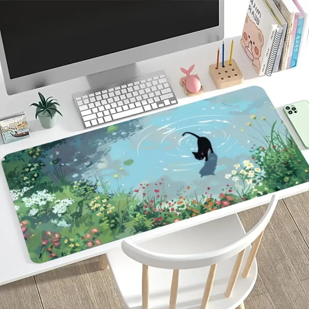 Cute Cat Floral XXL Extended Gaming Desk Mat - Non-Slip Rubber Base with Locking Edge Mouse Pad for Laptop, PC & Home Office