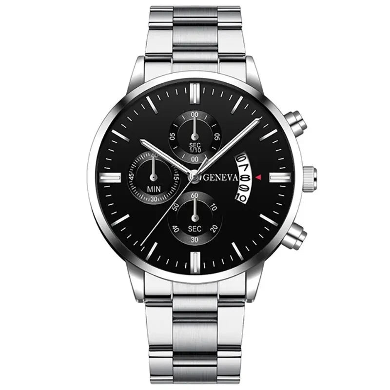 Men's Stainless Steel Quartz Wrist Watch with Calendar – 41mm Round Business Dress Watch
