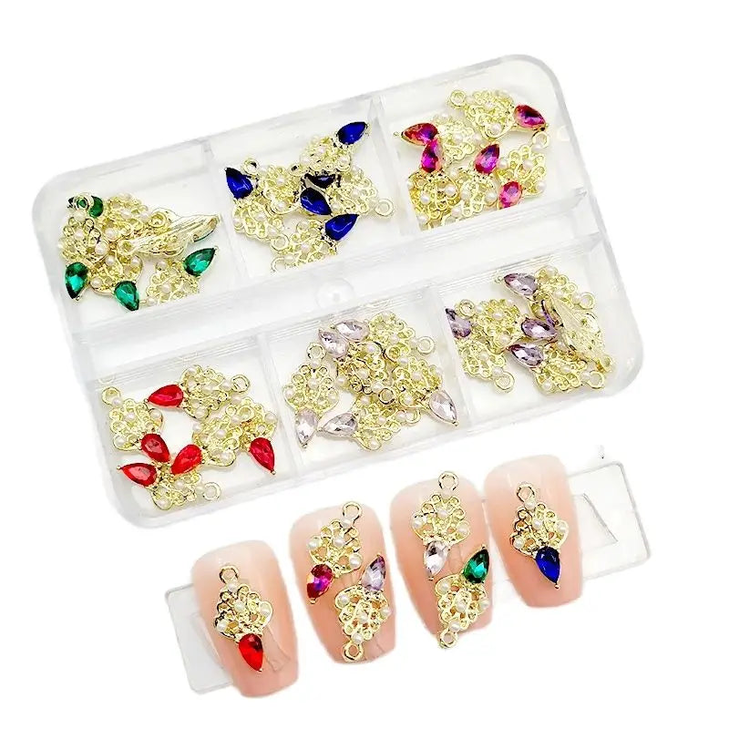6-Grid Nail Rhinestone Kit – Saturn, Planet & Cross Crystal Nail Charms for Nail Art
