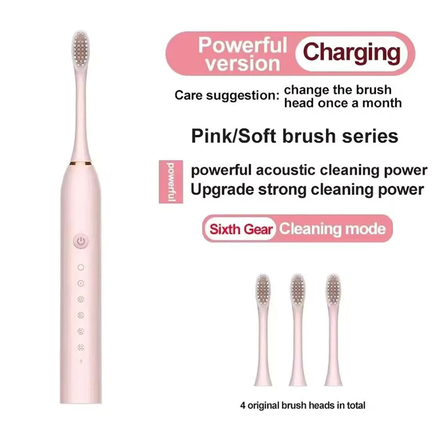 Ultrasonic Electric Toothbrush, 6-Speed USB Rechargeable Waterproof Adult Toothbrush with Soft Bristles & 4 Brush Heads