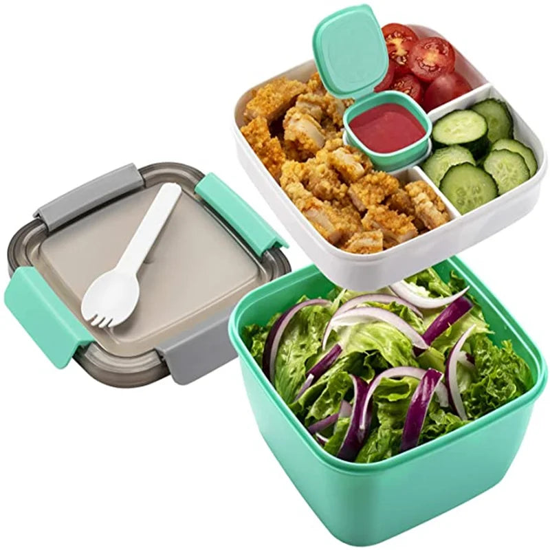 38 oz (1.12 L) Portable Salad Lunch Bowl - 3-Compartment Leakproof Bento Box with Dressing Cup & Utensil
