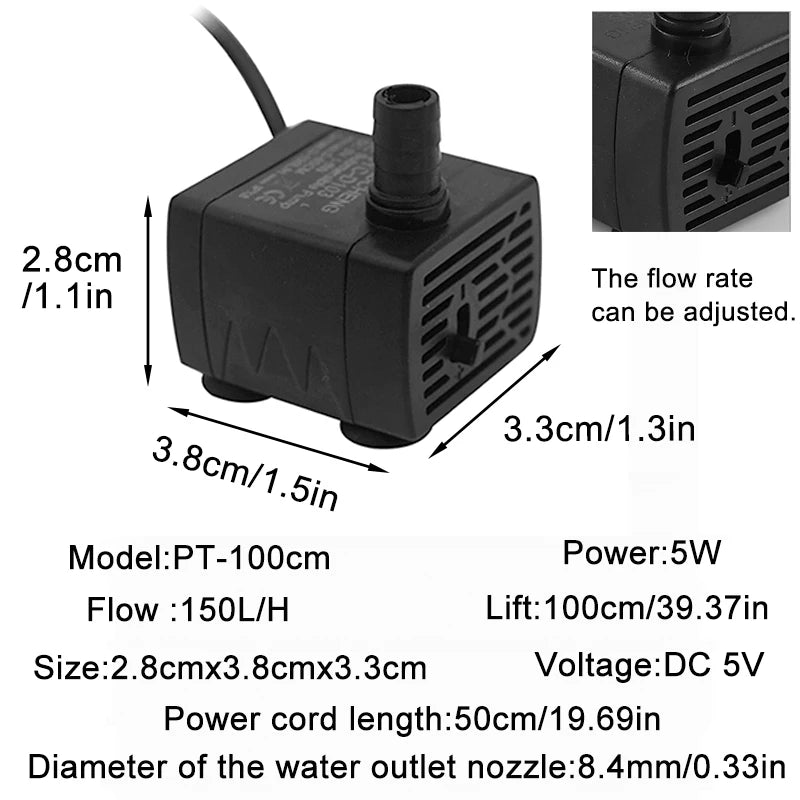 USB Submersible Aquarium Water Pump – Ultra Quiet Mini Fish Tank Circulation & Filtration Pump, Adjustable Flow 5V 3W/5W, 150 L/H