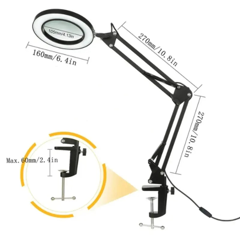 72-LED 4.2-Inch (106 mm) 8X/10X USB Illuminated Magnifying Lamp — 3-Color LED, Adjustable Swing Arm Clamp for Soldering, Repair & Beauty
