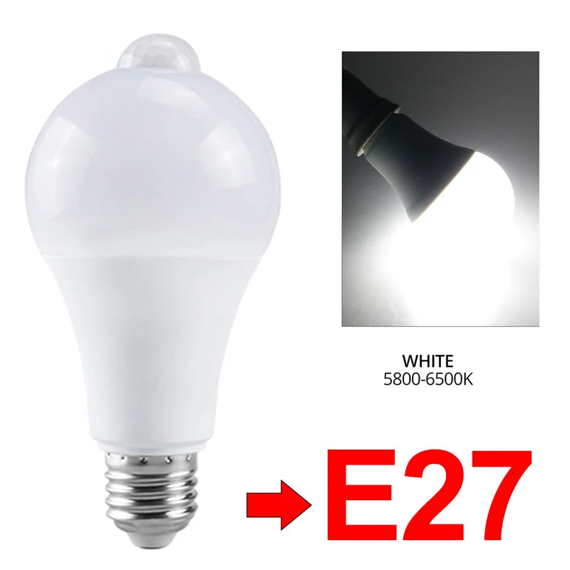 PIR Motion Sensor LED Bulb E27 – 12W/18W Motion-Activated AC85–265V, Warm & Daylight, 120° Detection