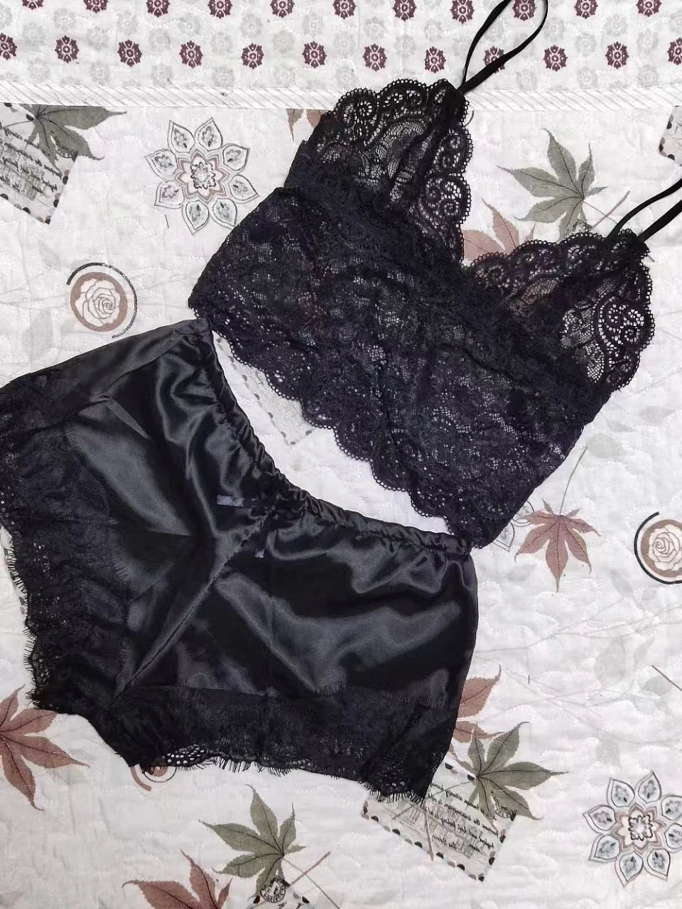 2-Piece Women's Lace Sheer Pajama Set - Breathable Suspender Camisole and Shorts, Black and Pink