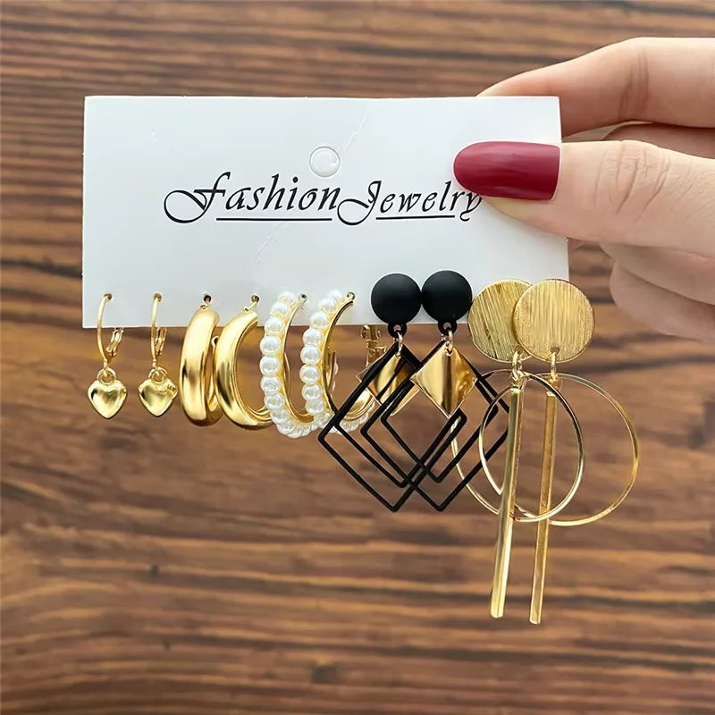 Geometric Hoop Earring Set for Women - Bohemian Pearl & Gold Drop Earrings, Vintage Punk Daily Wear Jewelry Gift