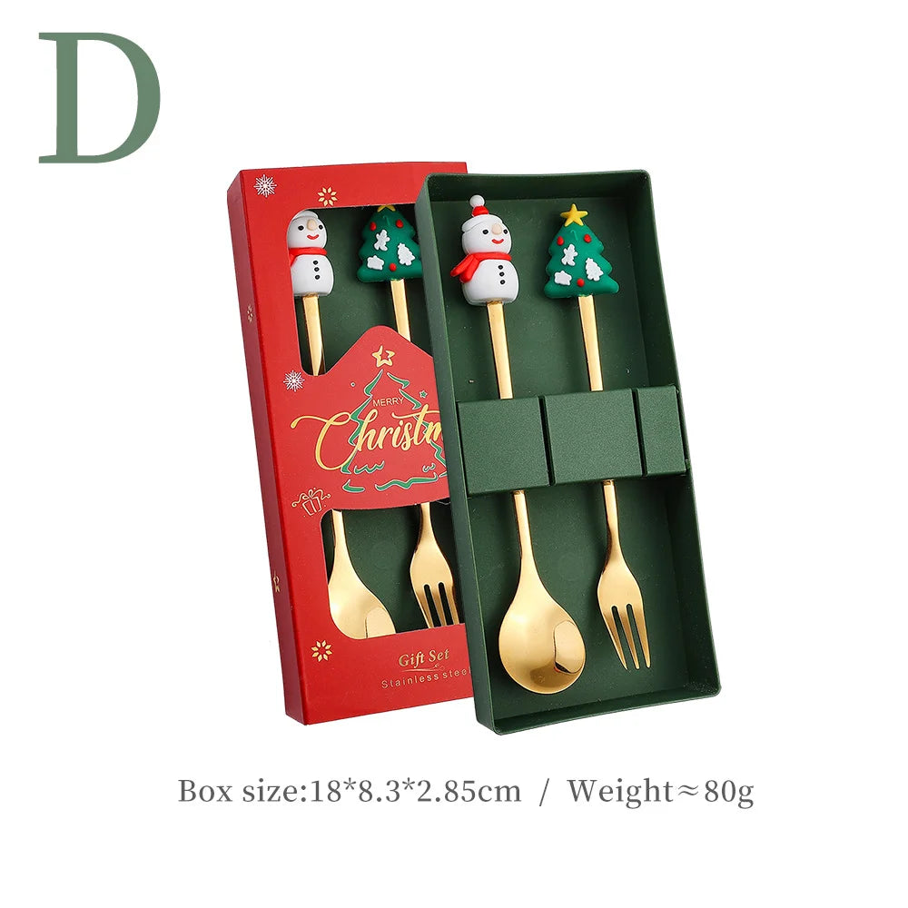 4-Piece Stainless Steel Christmas Cutlery Set – Spoon & Fork Holiday Table Decor with Elk & Tree Ornaments