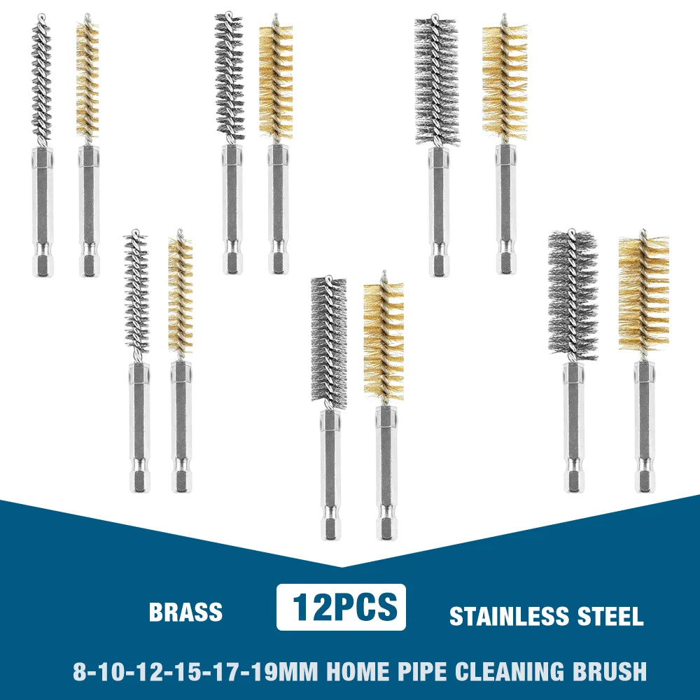 6/12-Pack Stainless Steel Drill Wire Brush Set — 1/4 in (6.35 mm) Hex Shank, 8/10/12/15/17/19 mm Bore Cleaning & Rust Removal