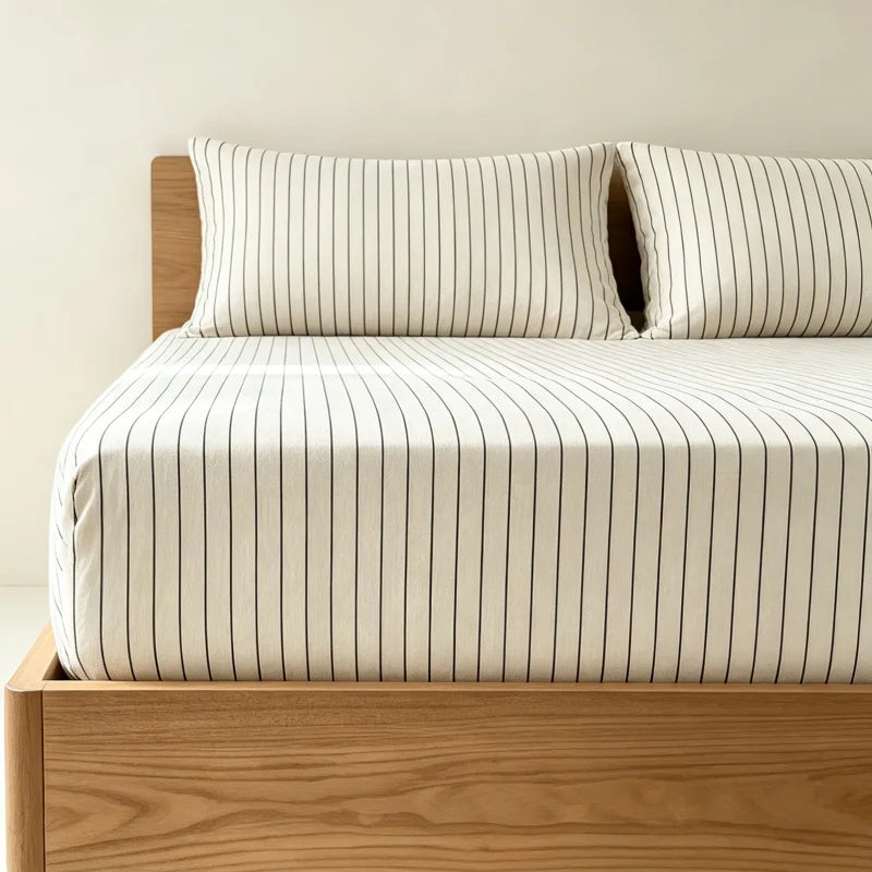 3-Piece Stripe Fitted Sheet Set – Elastic Anti-Slip Adjustable Mattress Cover with 2 Pillowcases, Fits 39–86.6 in (100–220 cm)