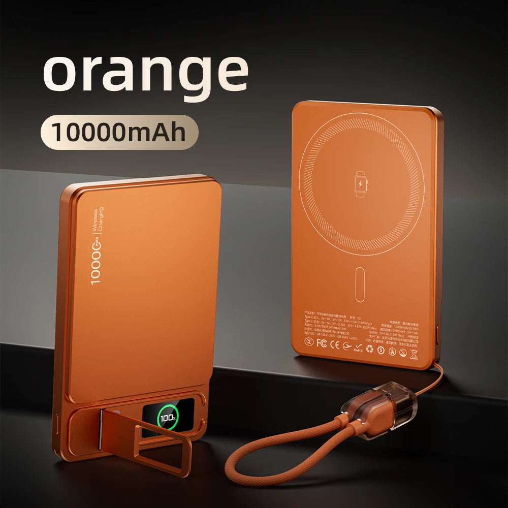 10000mAh Magnetic Wireless Power Bank 20W Fast Charge Slim Portable Battery with Built-in Cables & Phone Stand for Magnetic-Compatible Phones and Smartwatches