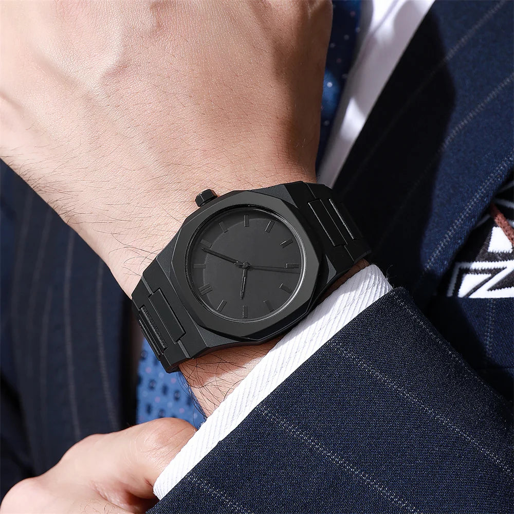Men's Minimalist Black 38mm Quartz Watch, Large Dial with Polycarbonate Strap & Butterfly Clasp, 3ATM Water-Resistant