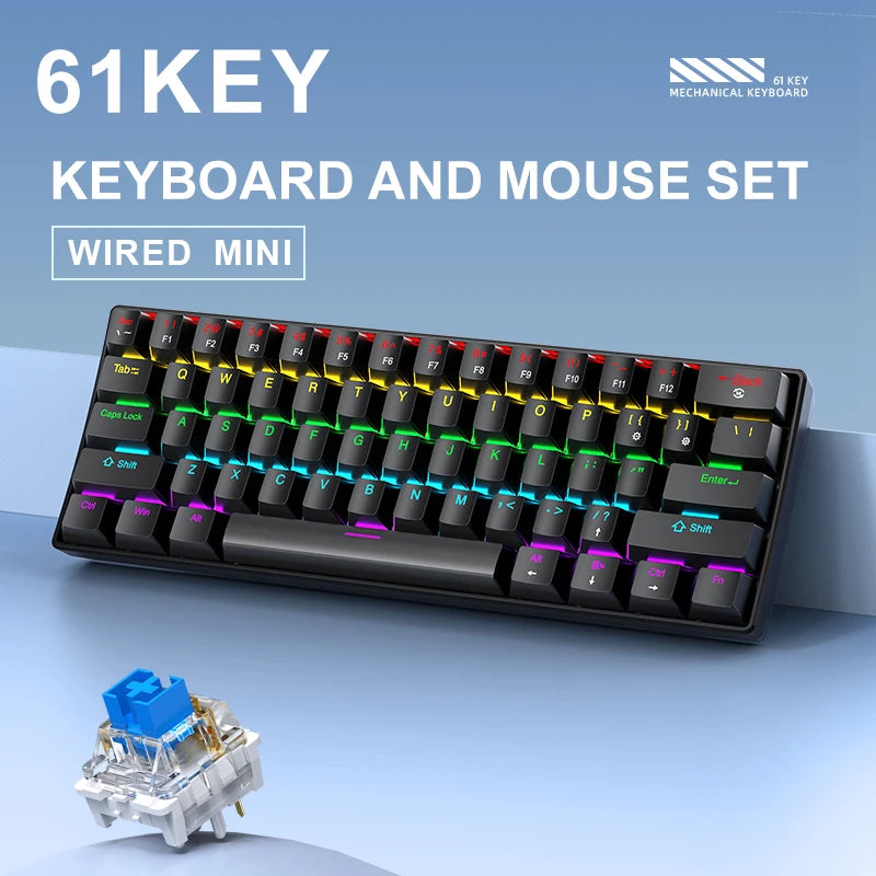 61-Key 60% Mini Mechanical Keyboard - Wired USB-C, Hot-Swappable RGB, Blue/Red Switches, Compact Portable