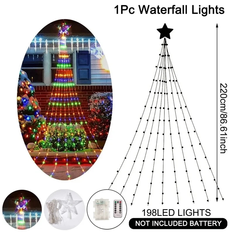 Pentagram Waterproof 2.2M (7.2 ft) 198-LED Waterfall Fairy String Lights USB/Battery Powered for Christmas Tree Patio Camping