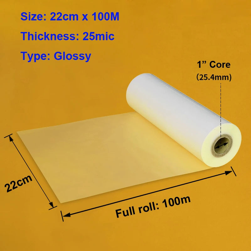 Thermal Roll Laminating Film 220mm x 100m (8.66 in x 328 ft) 1-inch Core - Satin, Matte & Glossy BOPP 25/27/28 µm for Hot Roll Laminators