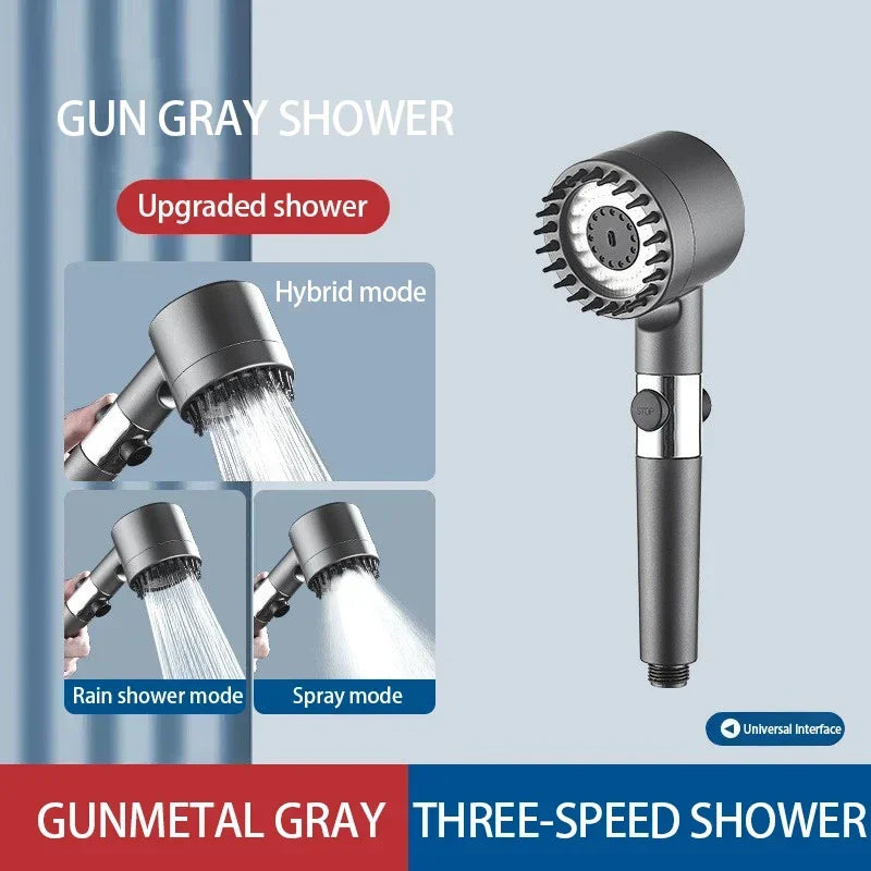 High-Pressure Filter Shower Head 3-Mode Adjustable Spray with Massage Brush Rainfall Water-Saving (25 x 7 cm / 9.8 x 2.8 in)
