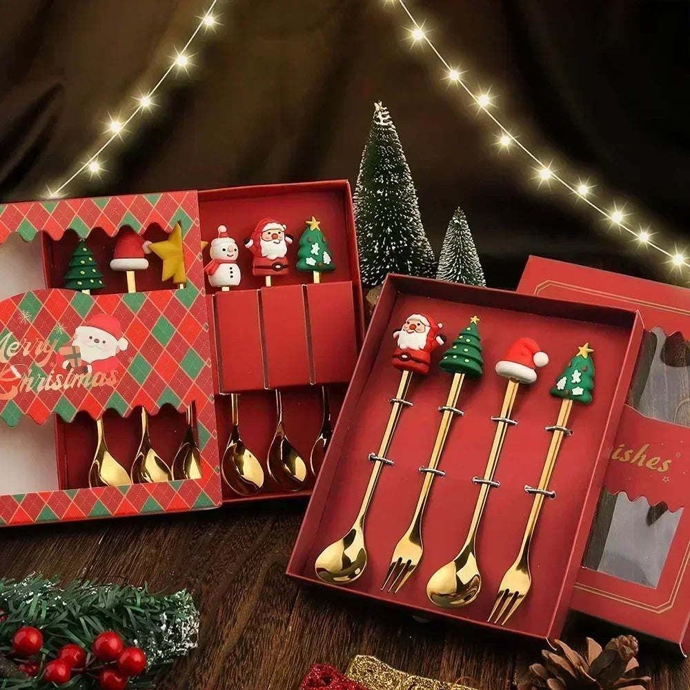 4-Piece Stainless Steel Christmas Cutlery Set – Spoon & Fork Holiday Table Decor with Elk & Tree Ornaments