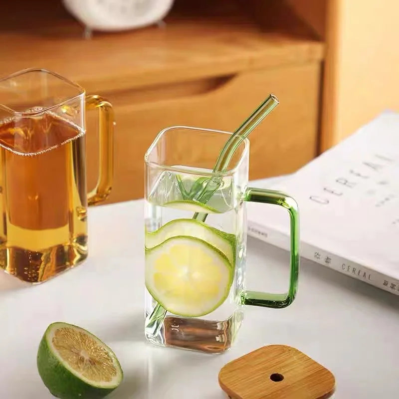 400ml (13.5 oz) Square Glass Mug with Lid and Straw — Microwave Safe Coffee, Milk & Party Drinkware