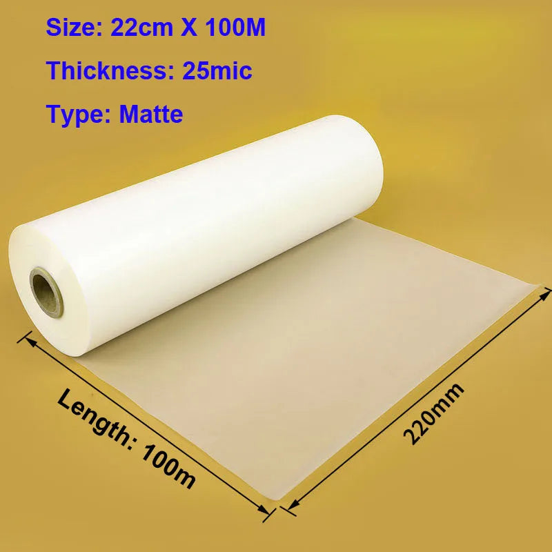 Thermal Roll Laminating Film 220mm x 100m (8.66 in x 328 ft) 1-inch Core - Satin, Matte & Glossy BOPP 25/27/28 µm for Hot Roll Laminators