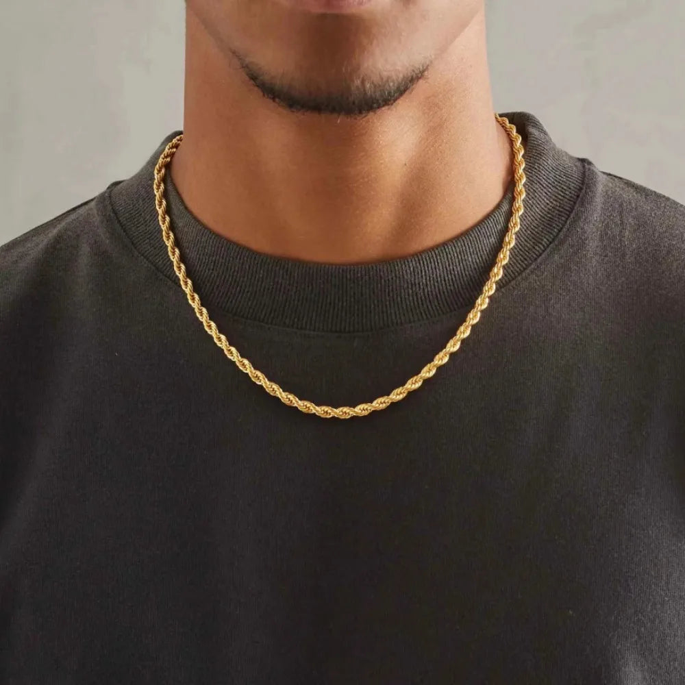18K Gold 4mm Rope Chain Necklace for Women and Men — Adjustable 18–24 in (45–60 cm) Classic Wedding Gift