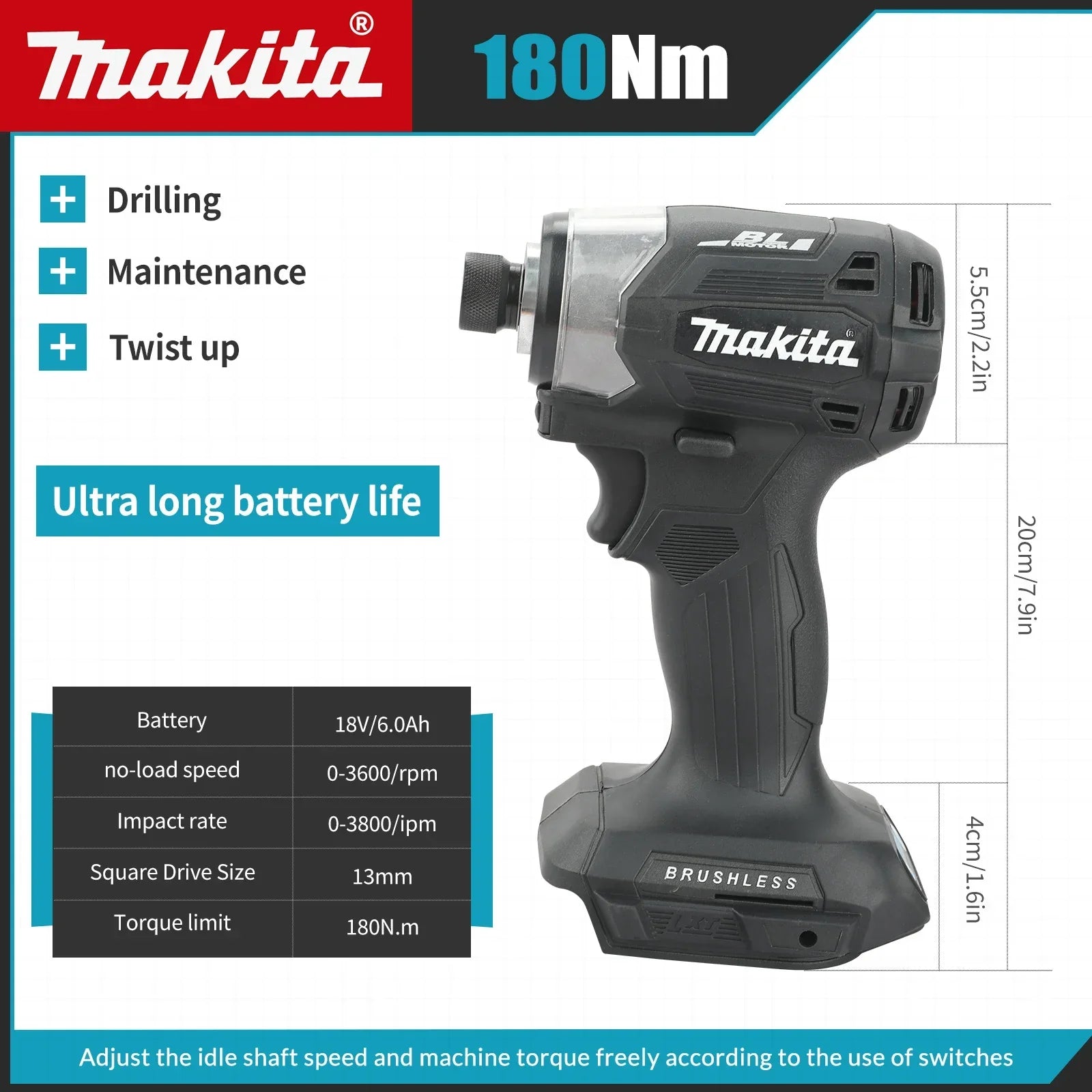 18V Cordless Brushless Impact Driver — 180 N·m (133 lb·ft) Rechargeable Impact Drill with T-Mode