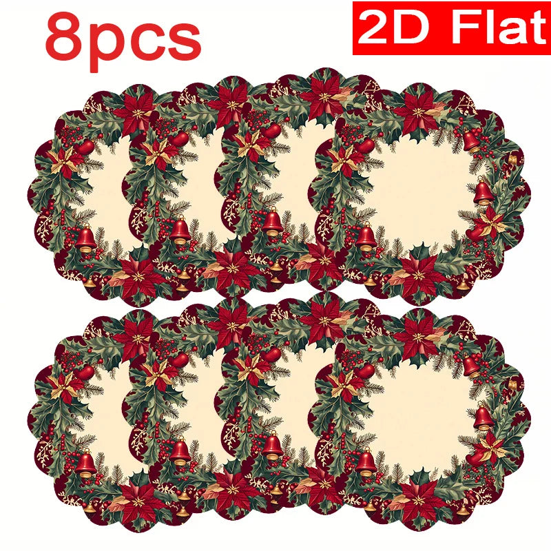 8-Pack Christmas Holiday Table Placemats 15 x 15 in (38 x 38 cm) Holly Leaf Magenta Bell Pattern