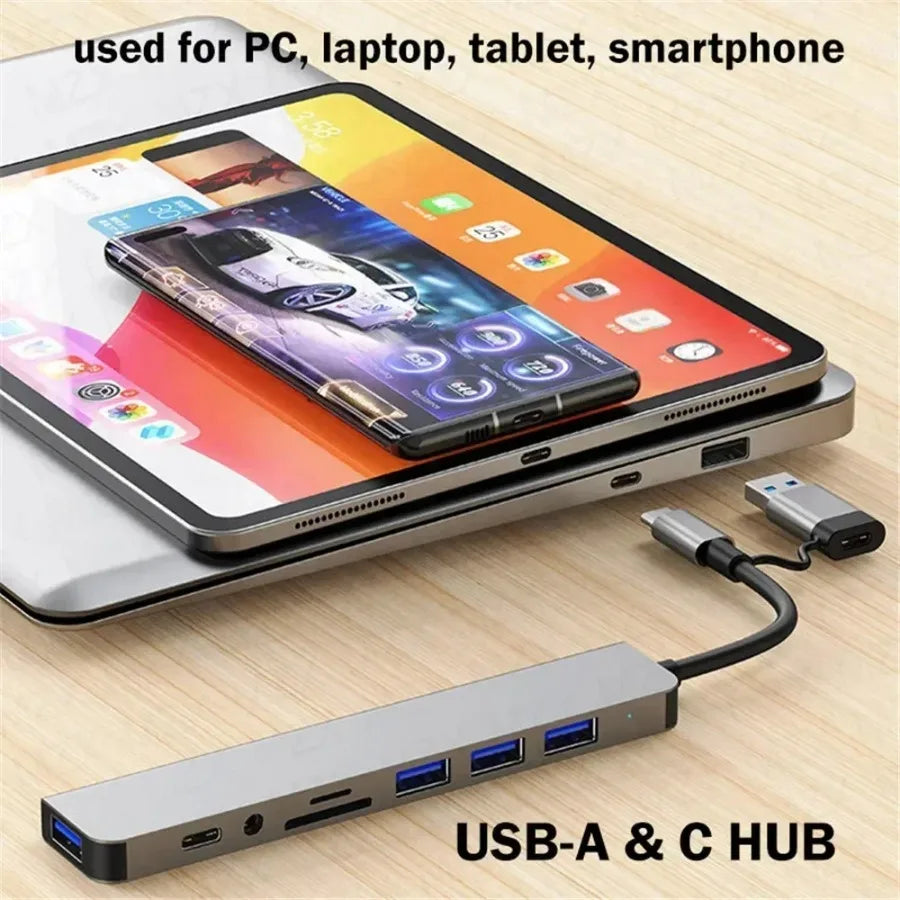 7/8-in-1 USB-C Multiport Hub Adapter with 3 USB 3.0 Ports, Type-C Dock for Phones Tablets Laptops, Fast Data Transfer & Charging