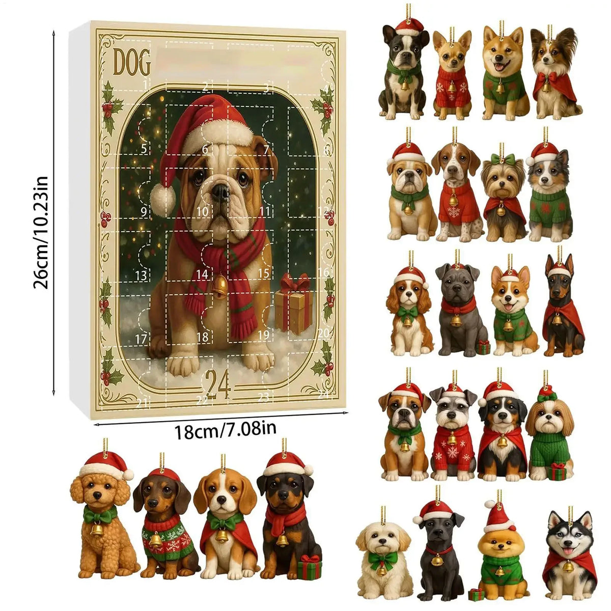 Dog Advent Calendar - 24-Day Christmas Countdown with 2D Acrylic Dog Charms, Window & Backpack Ornament for Kids & Pet Lovers