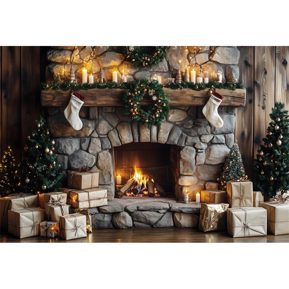 Christmas Fireplace Photography Backdrop — Gingerbread House & Wooden Window Holiday Photo Background for Kids & Family