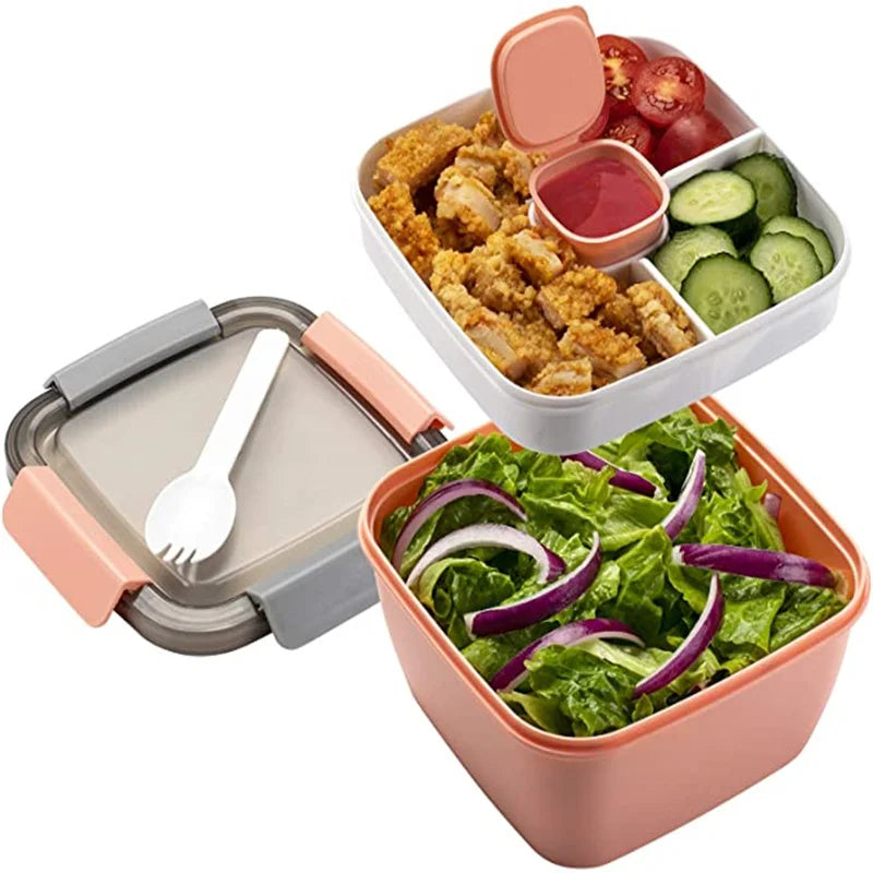 38 oz (1.12 L) Portable Salad Lunch Bowl - 3-Compartment Leakproof Bento Box with Dressing Cup & Utensil