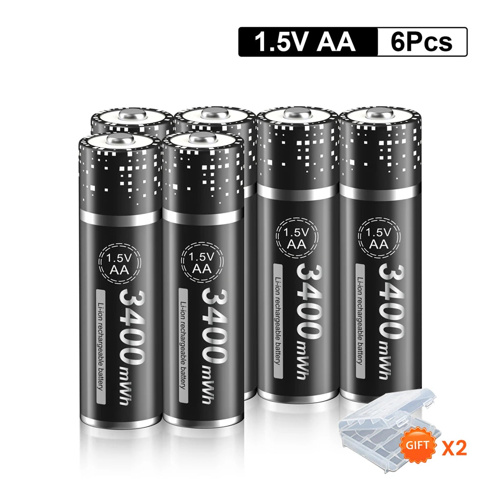 Rechargeable AA 1.5V Li-Ion Battery 3400 mWh (≈2267 mAh) Long-Lasting Power for Clocks, Wireless Mice and Toys