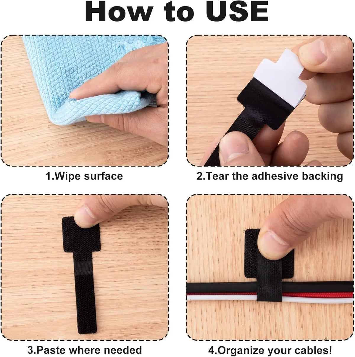 Reusable Self-Adhesive Cable Ties and Clips – Adjustable Power Cord Holder Desktop Cable Organizer