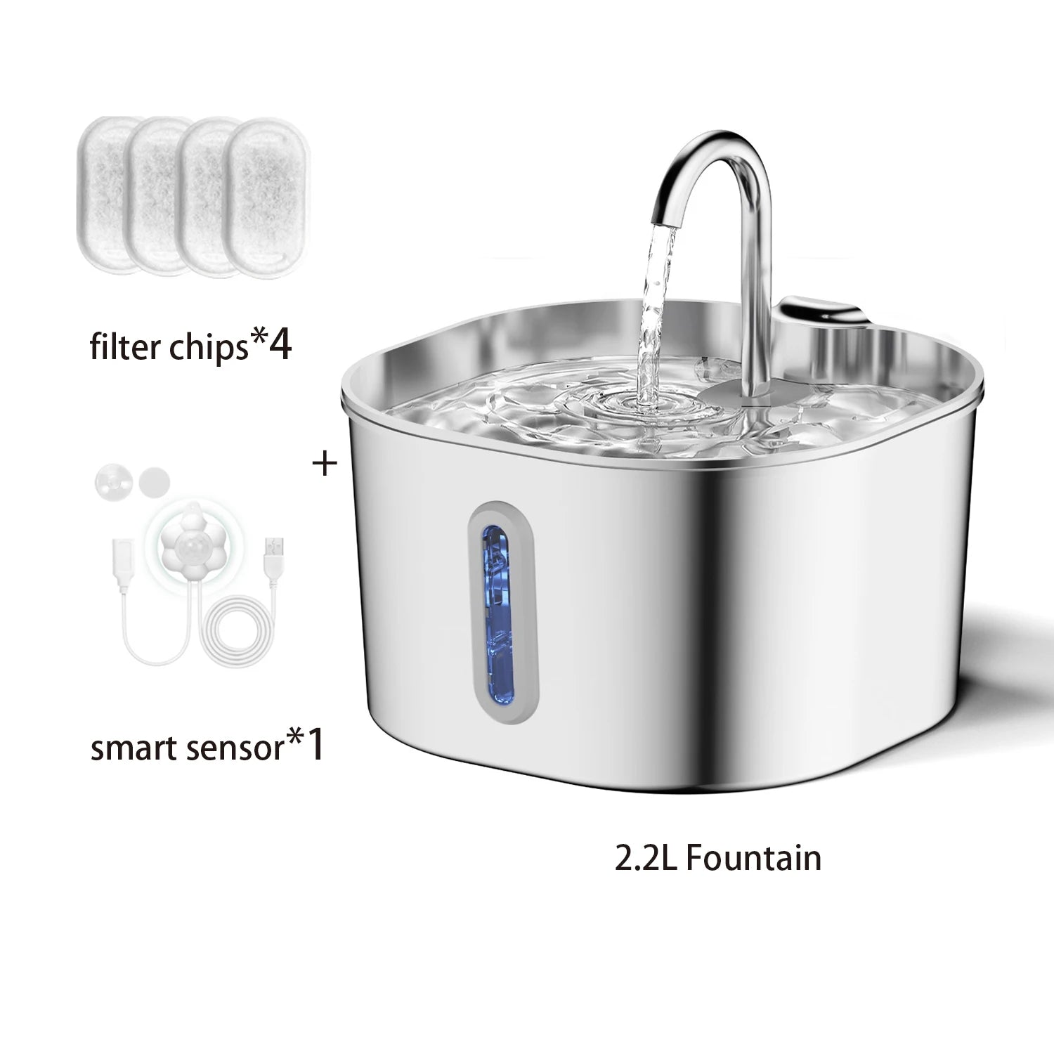 2.2L Automatic Pet Water Fountain – Square Stainless Steel Water Feeder with Viewing Window for Cats Dogs Rabbits (No 5V/1A Plug)