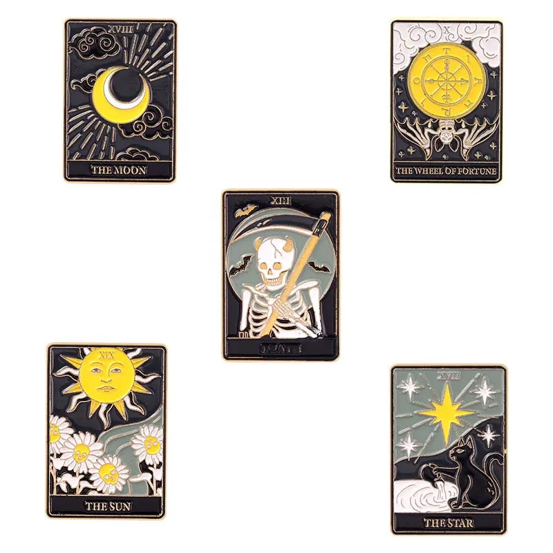 3–5 Piece Enamel Pin Set – Tarot Cards, Night Sky & Black Cat Lapel Pins | Punk Gothic Brooches Gift