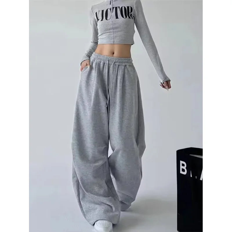 Harajuku Wide-Leg Sweatpants for Women – Oversized High-Waist Gray Drawstring Joggers