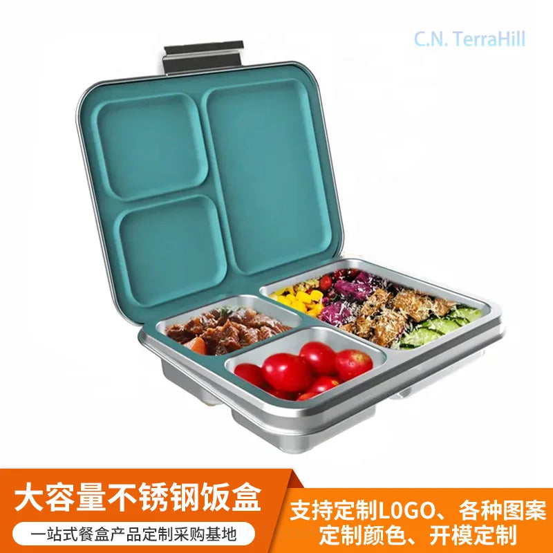 304 Food-Grade Stainless Steel Insulated Lunch Box – 3-Compartment Portable Bento with Lid & Buckle for Students & Office Workers