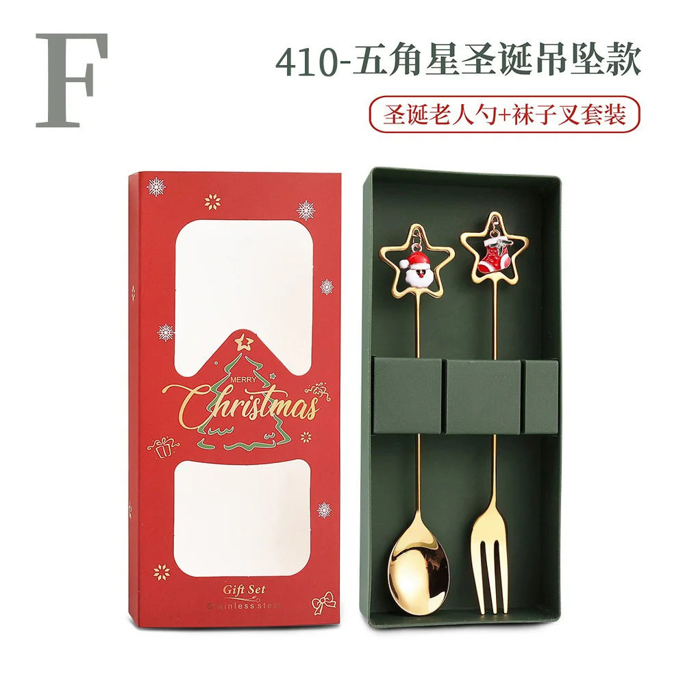 4-Piece Stainless Steel Christmas Cutlery Set – Spoon & Fork Holiday Table Decor with Elk & Tree Ornaments