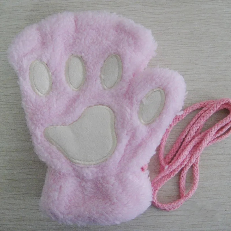 Cute Cat Paw Fingerless Mittens Plush Half-Finger Warm Fluffy Gloves for Women & Unisex
