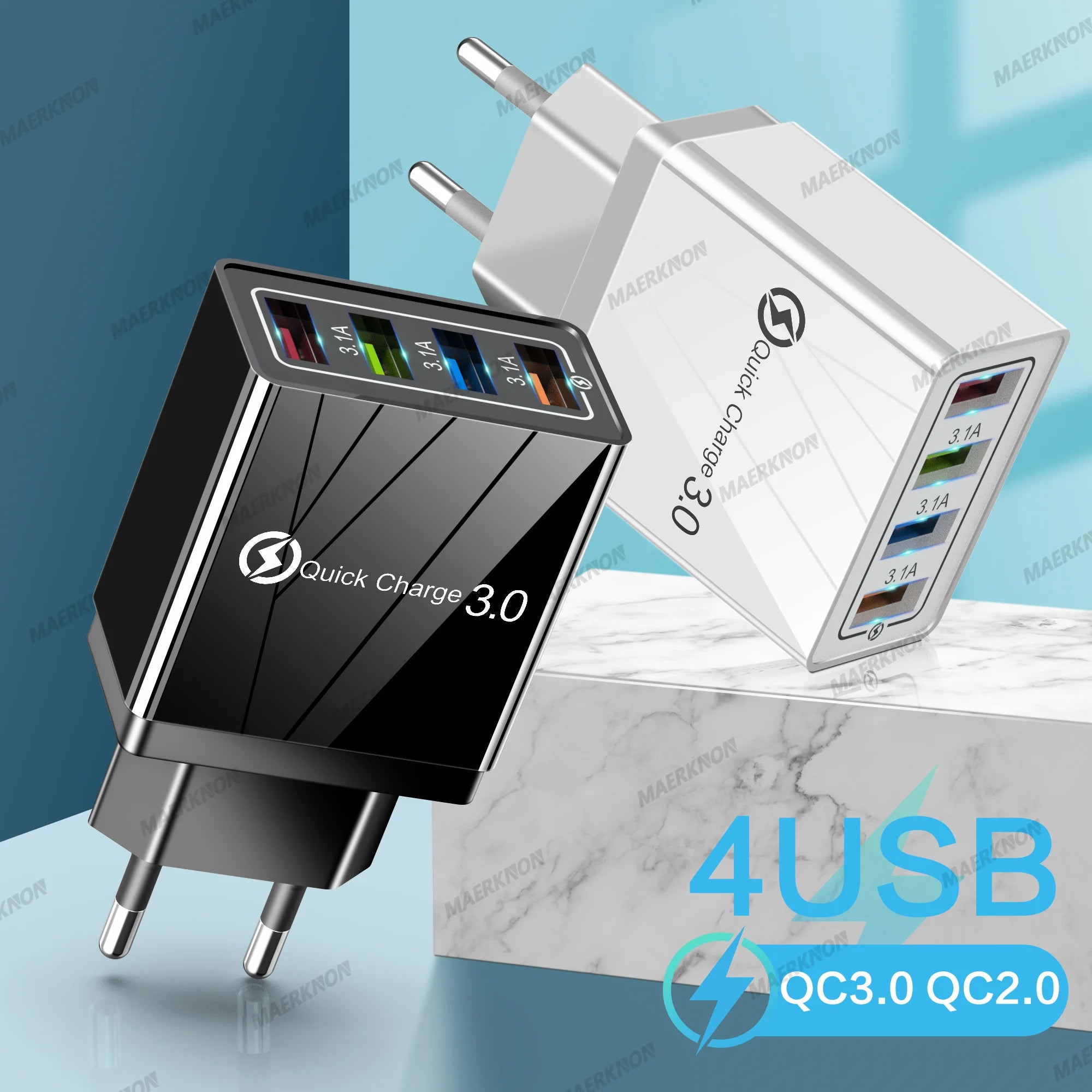4-Port USB-A Wall Charger QC 3.0 3.1A Fast Travel Charger, 45W Total, US/EU Plug