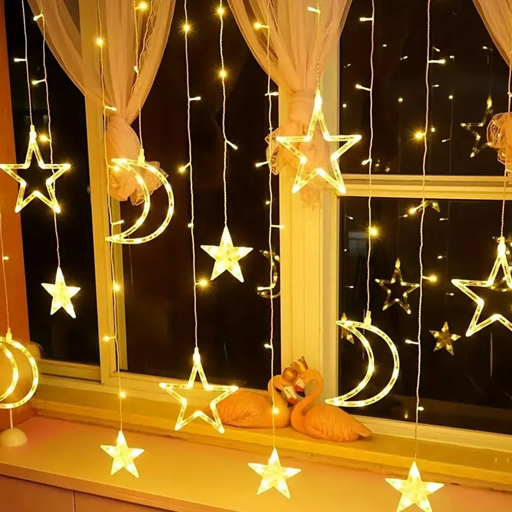 3.5m (11.5 ft) Star & Moon Curtain String Lights Battery-Powered LED Garland for Christmas Ramadan Bedroom New Year Decor