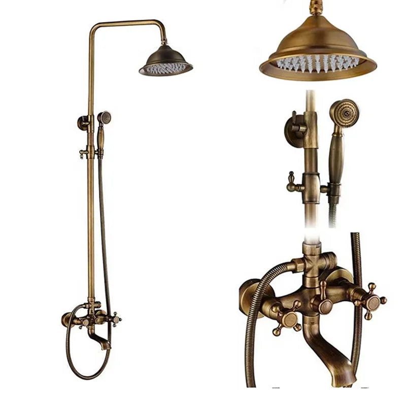 Antique Brass Wall-Mount Shower System with 8-inch (20 cm) Rainfall Head & Hand Shower, Adjustable 27.5–47.2 in (70–120 cm)