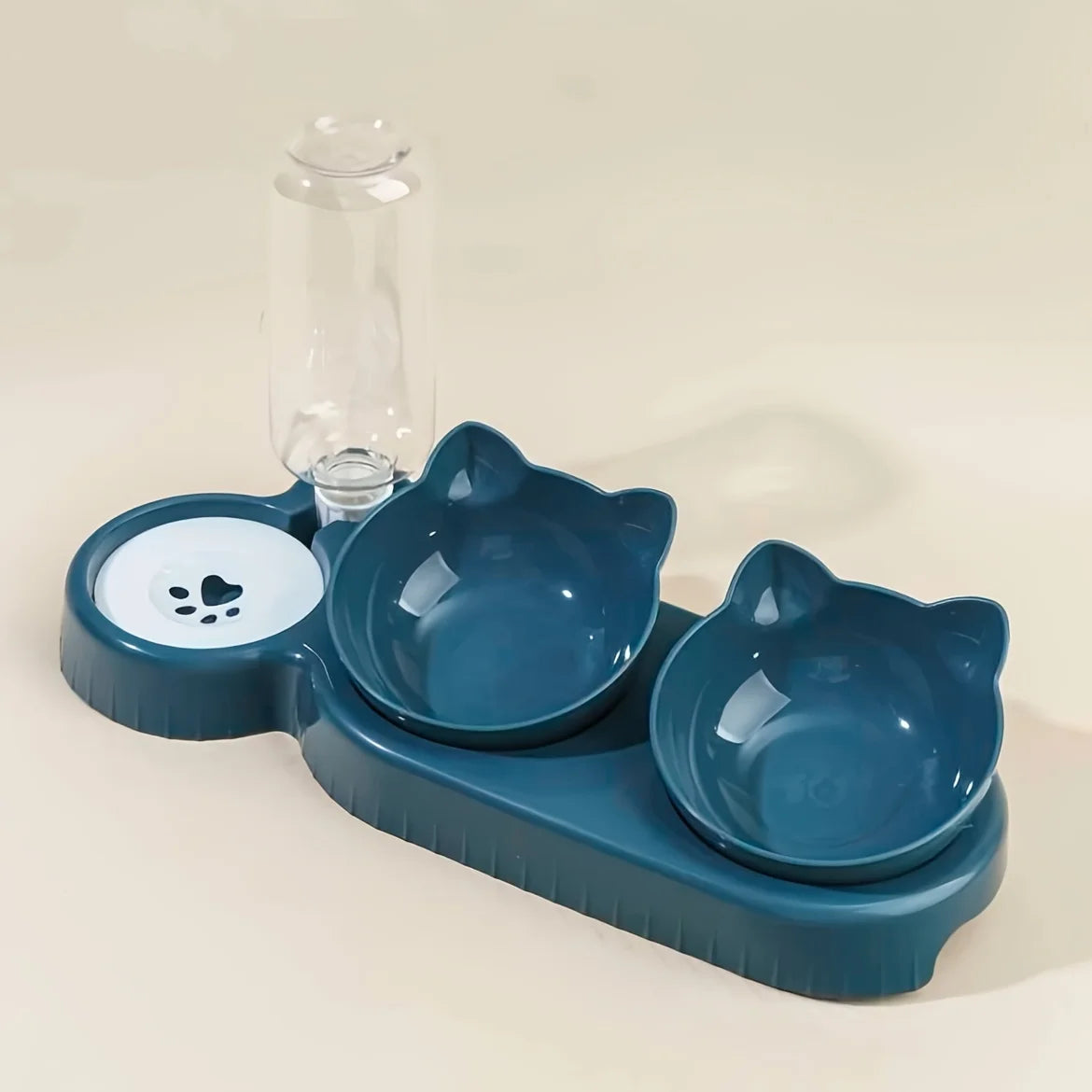 3-in-1 Tilted Cat Food & Water Bowl Set with Gravity Water Feeder — Ear Design for Neck Protection